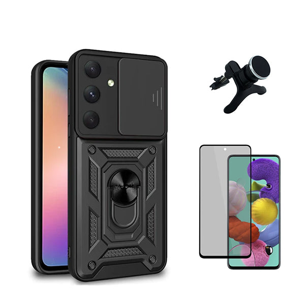 Kit Película de Vidro Temperado Privacidade + Capa de Proteção Militar Magnética Janela Deslizante + Suporte Magnético Com Pernas GIFT4ME para Samsung Galaxy S23 FE - Preto