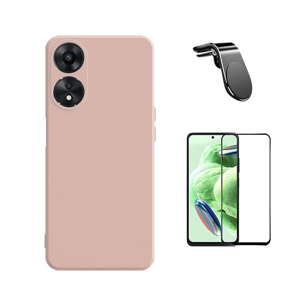 Kit Película de Vidro Temperado GorilasGlass + Capa Proteção Traseira Silicone + Suporte de Carro Magnético L GIFT4ME para Oppo A58 4G - Rosa