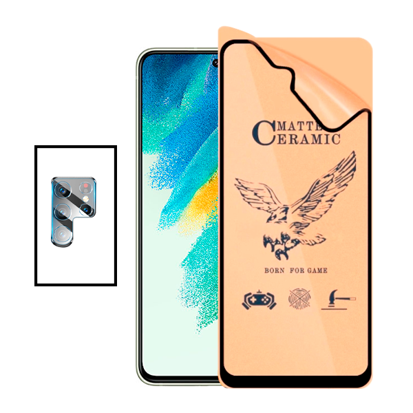 KIT Vidro Temperado Ceramica Full Cover + Película Protectora para Câmara Traseira para Samsung Galaxy S22 Ultra 5G - Transparente/Preto
