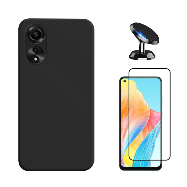 Kit Película de Vidro Temperado GorilasGlass + Capa Proteção Traseira Silicone + Suporte Magnético GIFT4ME para Oppo A78 4G - Preto