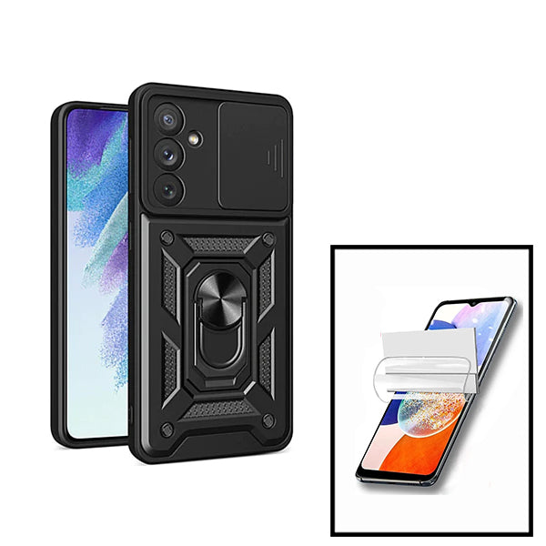 Kit Película Protectora de Hydrogel Frente + Capa de Proteção Militar Magnética Janela Deslizante para Samsung Galaxy A34 5G - Preto