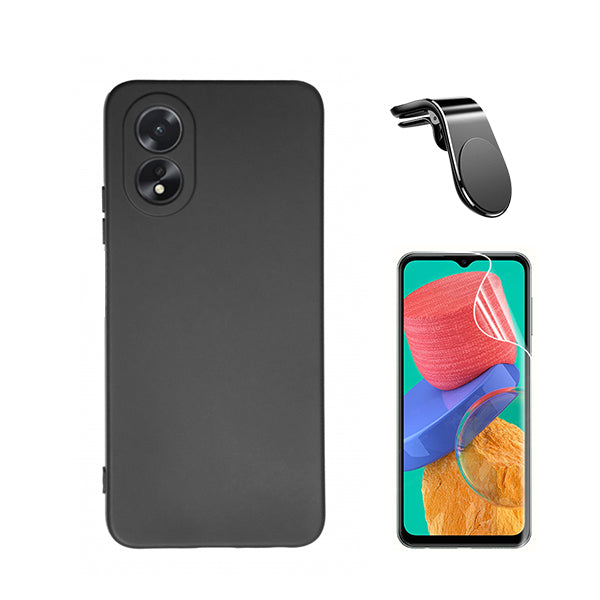 Kit Película Protectora de Hydrogel Frente + Capa Proteção Traseira Silicone + Suporte de Carro Magnético L Phonecare para Oppo A38 4G - Preto