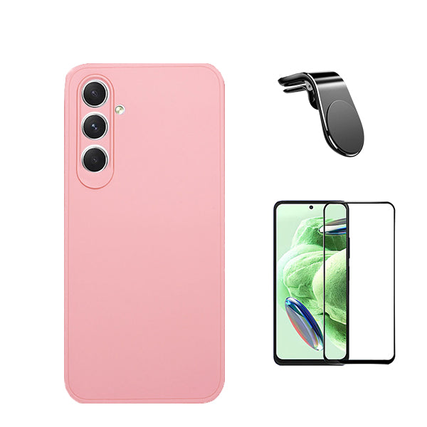 Kit Película de Vidro Temperado GorilasGlass + Capa Proteção Traseira Silicone + Suporte de Carro Magnético L GIFT4ME para Samsung Galaxy S23 FE - Rosa