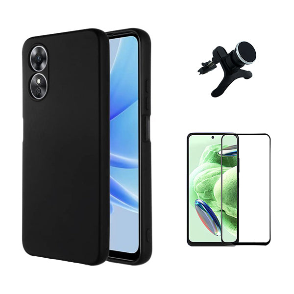 Kit Película de Vidro Temperado GorilasGlass + Capa Proteção Traseira Silicone + Suporte Magnético Com Pernas GIFT4ME para Oppo A58 4G - Preto
