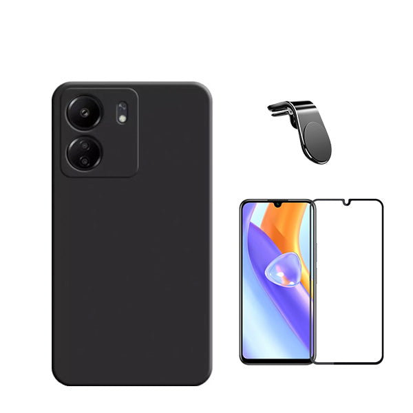 Kit Película de Vidro Temperado GorilasGlass + Capa Proteção Traseira Silicone + Suporte de Carro Magnético L GIFT4ME para Xiaomi Redmi 13C - Preto
