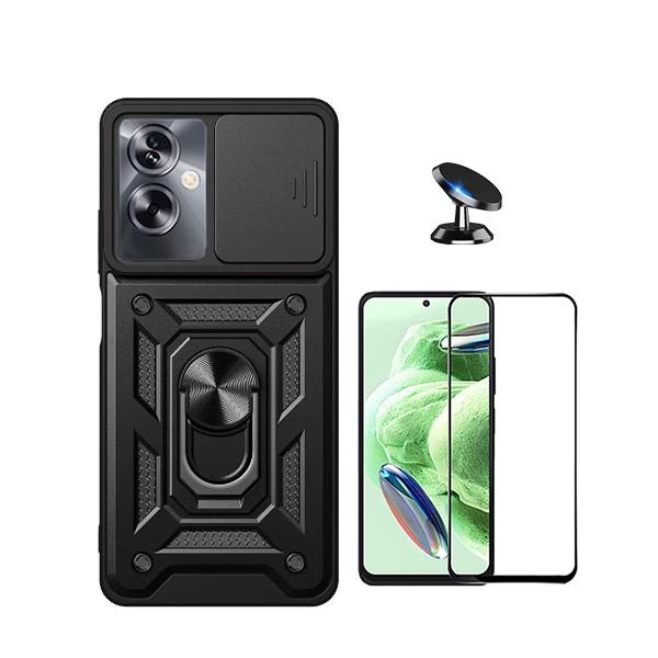 Kit Película de Vidro Temperado GorilasGlass + Capa de Proteção Militar Magnética Janela Deslizante + Suporte Magnético GIFT4ME para Oppo A79 5G - Preto