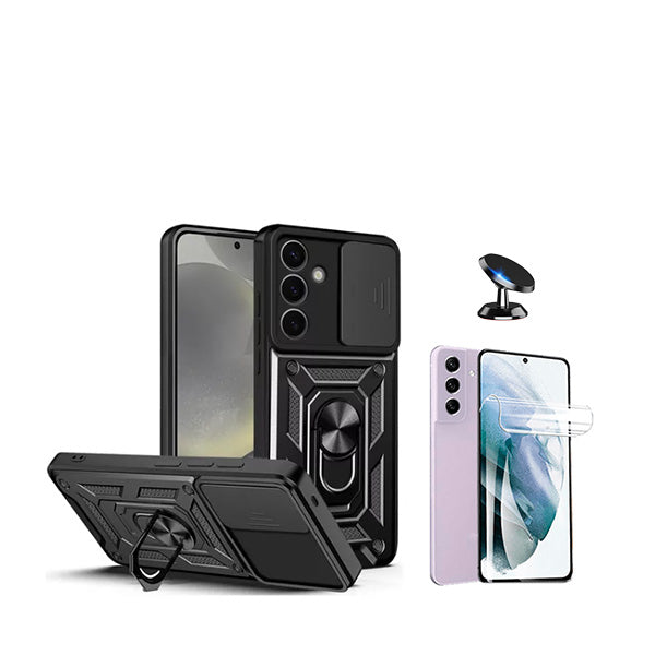Kit Película Protectora de Hydrogel Frente + Capa de Proteção Militar Magnética Janela Deslizante + Suporte Magnético GIFT4ME para Samsung Galaxy S24 Plus + 5G - Preto