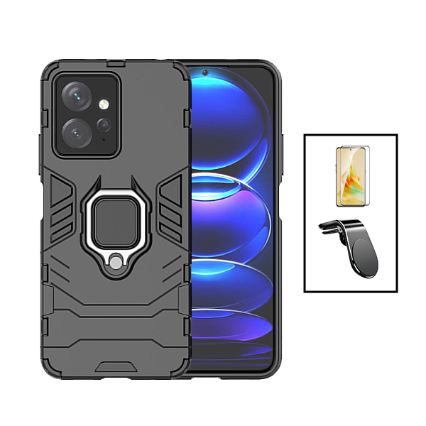Kit Película de Vidro Temperado GorilasGlass + Capa de Proteção Militar Magnética + Suporte de Carro Magnético L para Xiaomi Redmi Note 12 4G - Preto