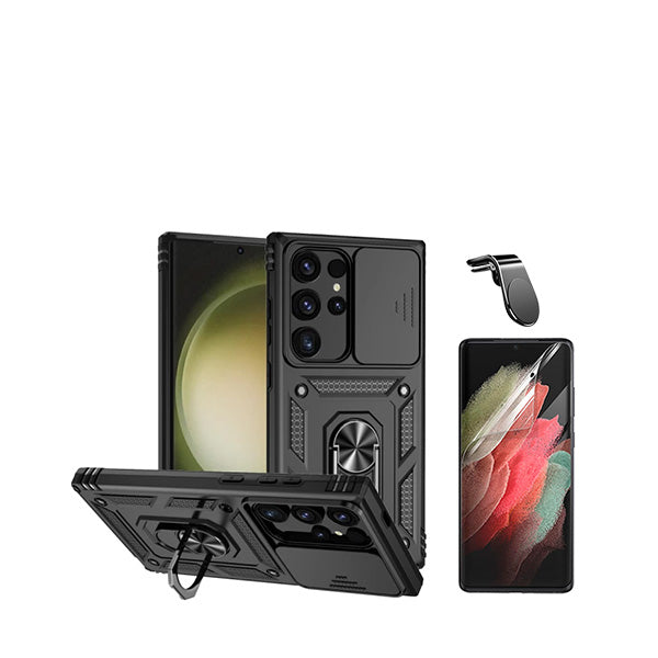 Kit Película Protectora de Hydrogel Frente + Capa de Proteção Militar Magnética Janela Deslizante + Suporte Magnético L GIFT4ME para Samsung Galaxy S24 Ultra 5G - Preto