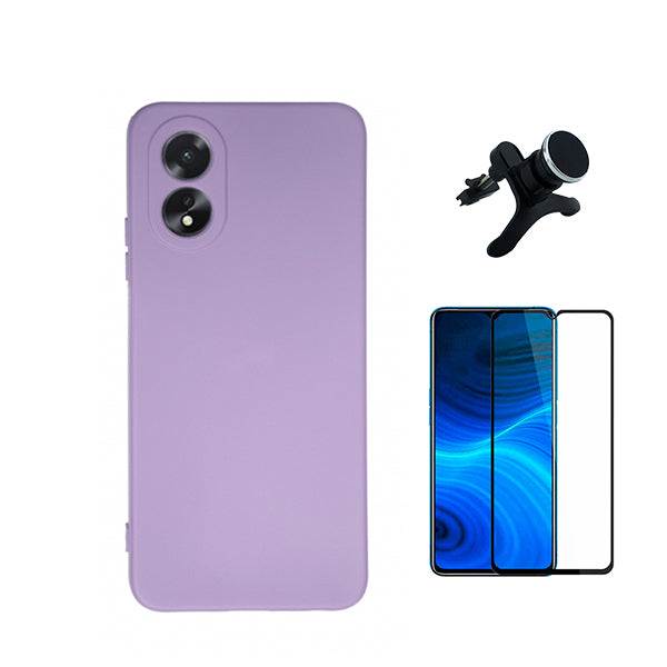 Kit Película de Vidro Temperado GorilasGlass + Capa Proteção Traseira Silicone + Suporte Magnético Com Pernas Phonecare para Oppo A38 4G - Roxo