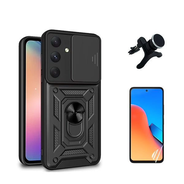 Kit Película Protectora de Hydrogel Frente + Capa de Proteção Militar Magnética Janela Deslizante + Suporte Magnético Com Pernas GIFT4ME para Samsung Galaxy S23 FE - Preto