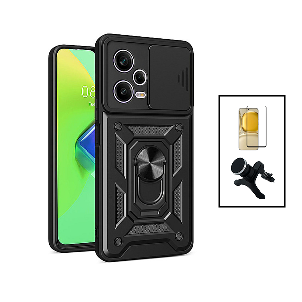 Kit Película de Vidro Temperado GorilasGlass + Capa de Proteção Militar Magnética Janela Deslizante + Suporte Magnético Com Pernas para Xiaomi Redmi Note 12 Pro - Preto