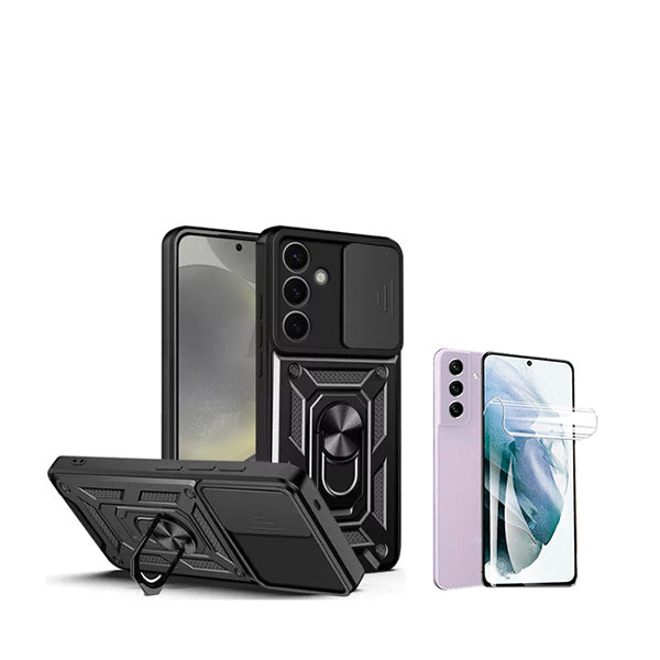 Kit Película Protectora de Hydrogel Frente + Capa de Proteção Militar Magnética Janela Deslizante GIFT4ME para Samsung Galaxy S24 Plus + 5G - Preto