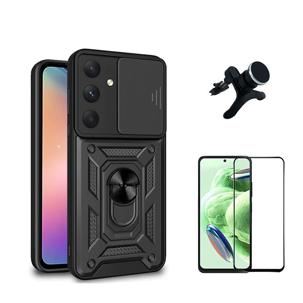 Kit Película de Vidro Temperado GorilasGlass + Capa de Proteção Militar Magnética Janela Deslizante + Suporte Magnético Com Pernas GIFT4ME para Samsung Galaxy S23 FE - Preto