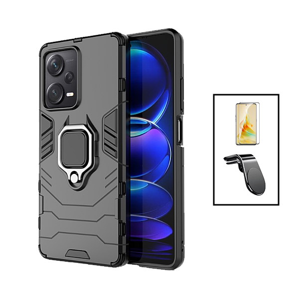 Kit Película de Vidro Temperado GorilasGlass + Capa de Proteção Militar Magnética + Suporte de Carro Magnético L para Xiaomi Poco X5 - Preto