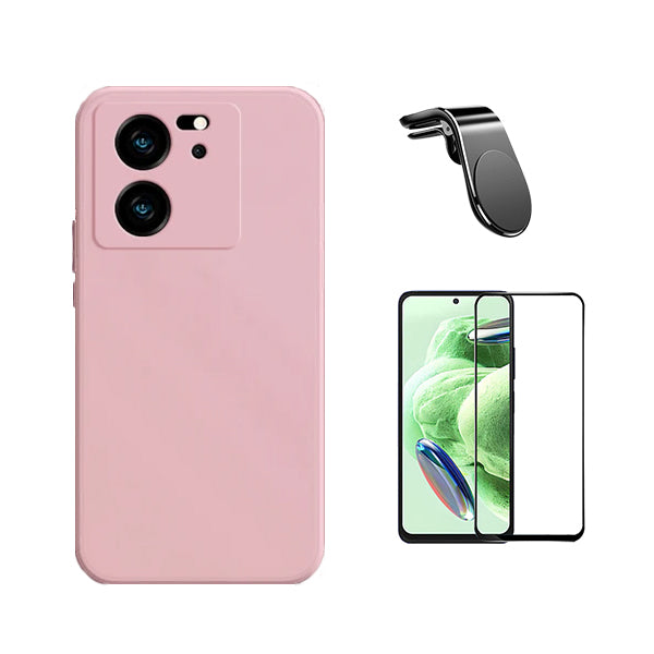 Kit Película de Vidro Temperado GorilasGlass + Capa Proteção Traseira Silicone + Suporte de Carro Magnético L GIFT4ME para Xiaomi 13T - Rosa