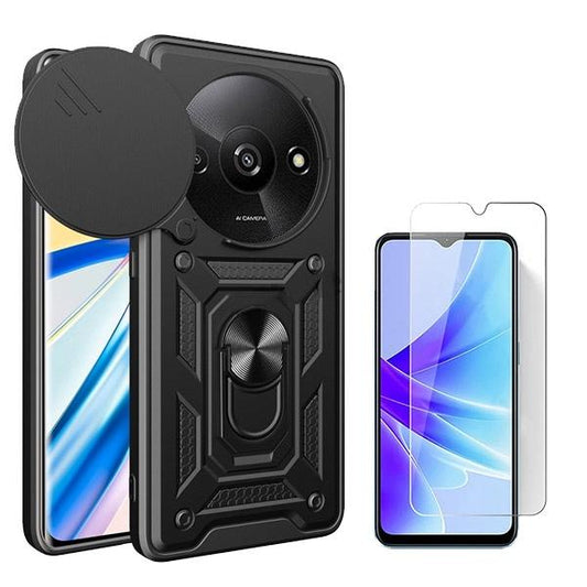 Kit Vidro Temperado ClearGOrilasGlass + Capa de Proteção Militar Magnética Janela Deslizante GIFT4ME para Xiaomi Redmi A3 - Preto