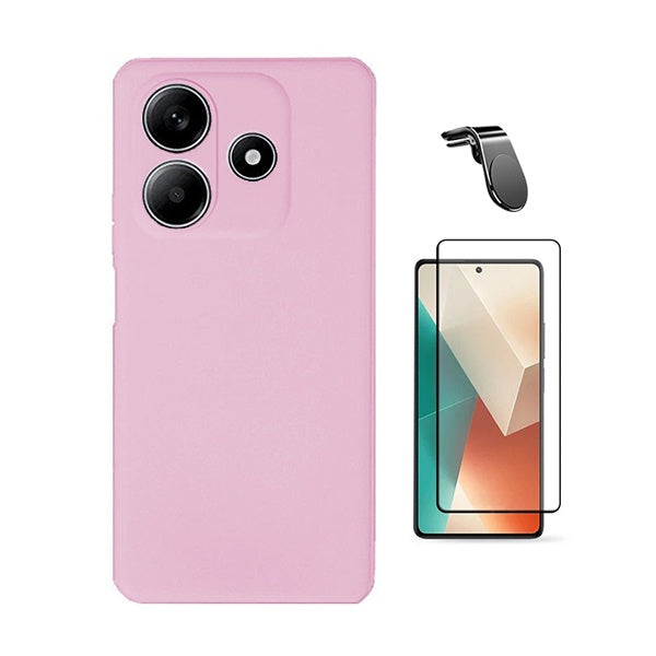 Kit Película de Vidro Temperado Gorilasglass + Capa Proteção Silicone + Suporte Magnético L Gift4Me Para Xiaomi Redmi Note 14 - Rosa