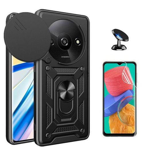 Kit Película ProtectOra de Hydrogel Frente + Capa de Proteção Militar Magnética Janela Deslizante + Suporte Magnético GIFT4ME para Xiaomi Redmi A3 - Preto