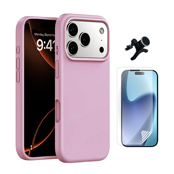Kit Película Protectora de Hydrogel Frente + Capa Proteção Silicone + Suporte Reforçado de Carro GIFT4ME Para Apple iPhone 17 Pro Max - Rosa