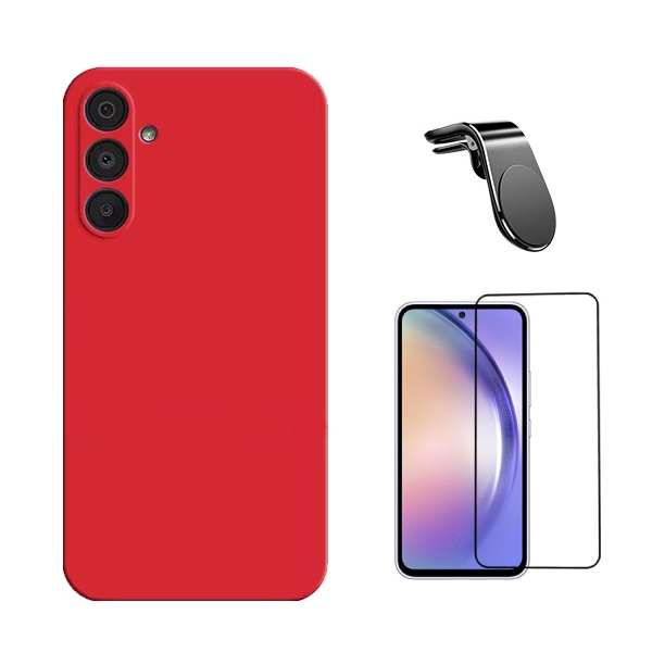 Kit Película de Vidro Temperado Gorilasglass + Capa Proteção Silicone + Suporte Magnético L Gift4Me Para Samsung Galaxy A36 5G - Vermelha