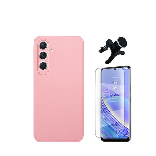 Kit Película ProtectOra de Hydrogel Frente + Capa Proteção Traseira Silicone + Suporte Magnético Com Pernas GIFT4ME para Samsung Galaxy M15 - Rosa