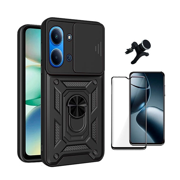 Kit Película de Vidro Temperado Gorilasglass + Capa de Proteção Militar Magnética Janela + Suporte Magnético Com Pernas GIFT4ME Para Xiaomi Poco C85 - Preto