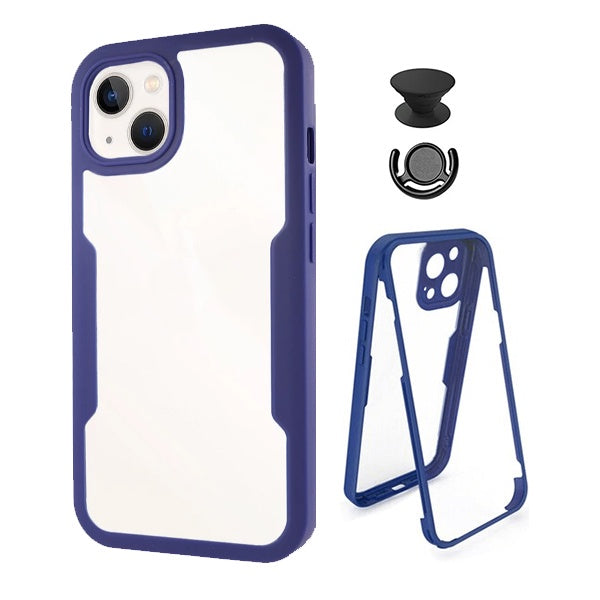 Kit Capa 360° Proteção Frente e Verso + 1 Handholder + 1 Suporte Handholder Preto Gift4Me Para Apple iPhone 13 Mini - Azul Escuro