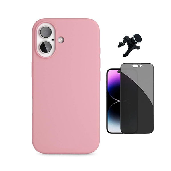 Kit Película de Vidro Temperado Privacidade + Capa Proteção Silicone + Suporte Reforçado de Carro  GIFT4ME Para Apple iPhone 17 - Rosa