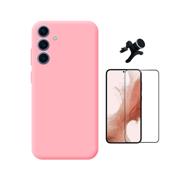 Kit Película de Vidro Temperado Gorilasglass + Capa Proteção Silicone + Suporte Reforçado de Carro GIFT4ME Para Samsung Galaxy S25 FE 5G - Rosa