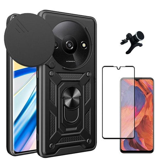 Kit Película de Vidro Temperado GOrilasGlass + Capa de Proteção Militar Magnética Janela Deslizante + Suporte Magnético Com Pernas GIFT4ME para Xiaomi Redmi A3 - Preto