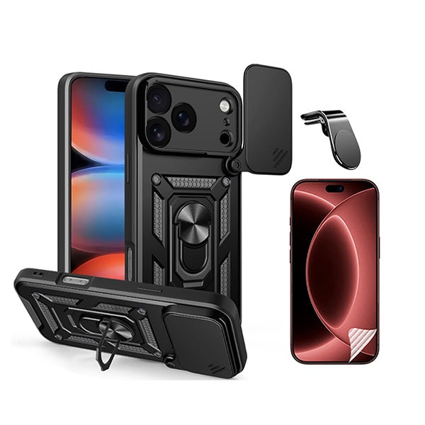 Kit Película Protectora de Hydrogel Frente + Capa de Proteção Militar Magnética Janela + Suporte de Carro Magnético L GIFT4ME Para Apple iPhone 18 Pro - Preto