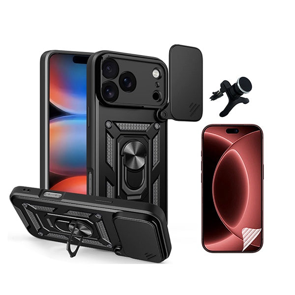 Kit Película Protectora de Hydrogel Frente + Capa de Proteção Militar Magnética Janela + Suporte Magnético Com Pernas  GIFT4ME Para Apple iPhone 18 Pro - Preto