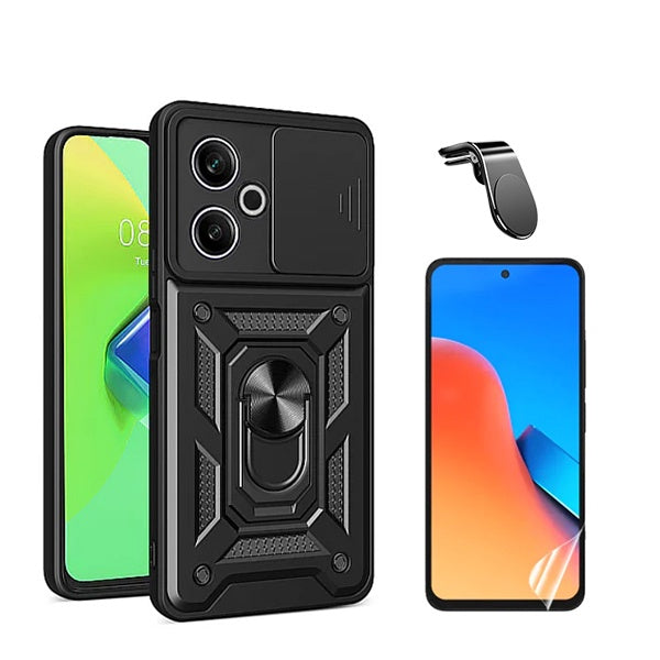 Kit Película Protectora de Hydrogel Frente + Capa de Proteção Militar Magnética Janela + Suporte de Carro Magnético L GIFT4ME Compativel Com Xiaomi Redmi 13 5G - Preto