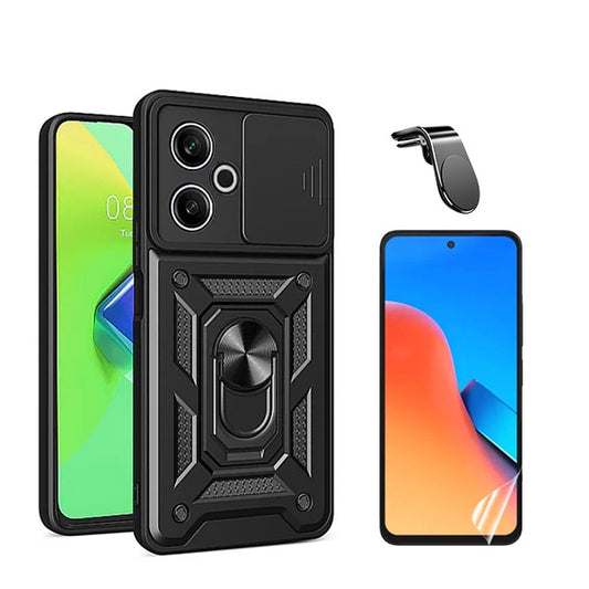 Kit Película Protectora de Hydrogel Frente + Capa de Proteção Militar Magnética Janela + Suporte de Carro Magnético L GIFT4ME Compativel Com Xiaomi Redmi 13 5G - Preto