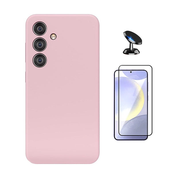 Kit Película de Vidro Temperado Gorilasglass + Capa Proteção Silicone + Suporte Magnético Gift4Me Para Samsung Galaxy S24 FE - Rosa