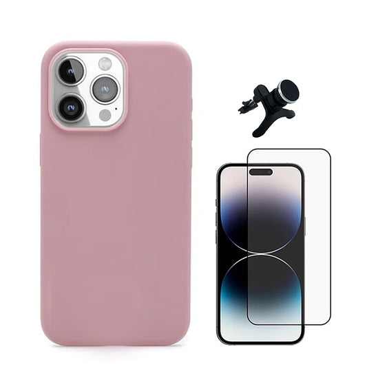 Kit Película de Vidro Temperado Gorilasglass + Capa Proteção Traseira Silicone + Suporte Reforçado de Carro GIFT4ME Compativel Com Apple iPhone 16 Pro - Rosa