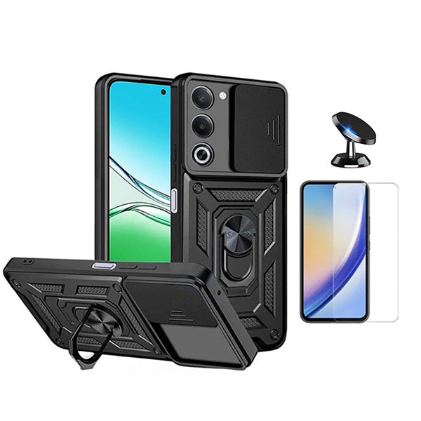 Kit Vidro Temperado Cleargorilasglass + Capa de Proteção Militar Magnética Janela + Suporte Magnético GIFT4ME Para Oppo A5 4G  - Preto
