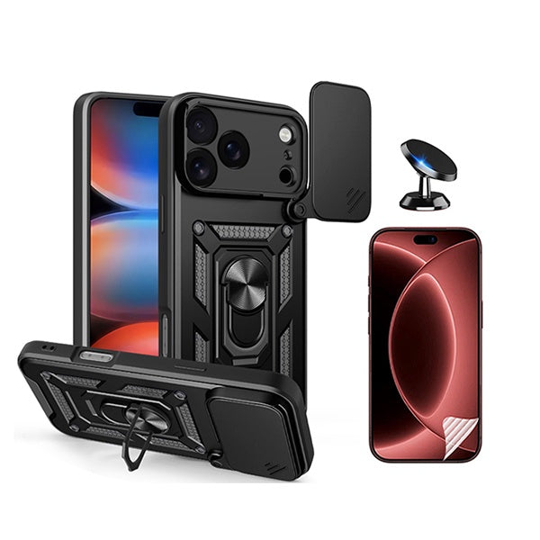 Kit Película Protectora de Hydrogel Frente + Capa de Proteção Militar Magnética Janela + Suporte Magnético GIFT4ME Para Apple iPhone 18 Pro Max - Preto