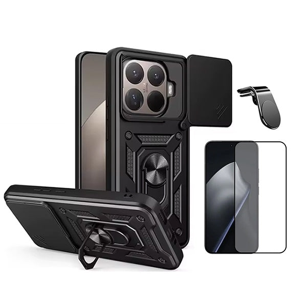 Kit Película de Vidro Temperado Gorilasglass + Capa de Proteção Militar Magnética Janela + Suporte de Carro Magnético L GIFT4ME Para Xiaomi 15T Pro 5G - Preto