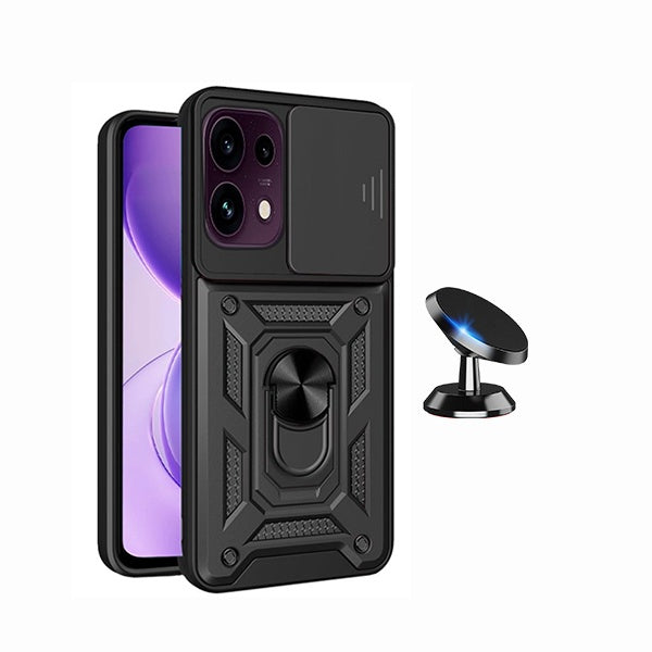 Kit Suporte Magnético + Capa de Proteção Militar Magnética Janela Deslizante GIFT4ME Para Oppo Reno16 FS 5G - Preto