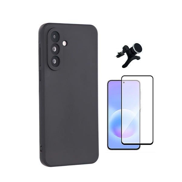 Kit Película de Vidro Temperado Gorilasglass + Capa Proteção Silicone + Suporte Reforçado de Carro GIFT4ME Para Samsung Galaxy A27 - Preto
