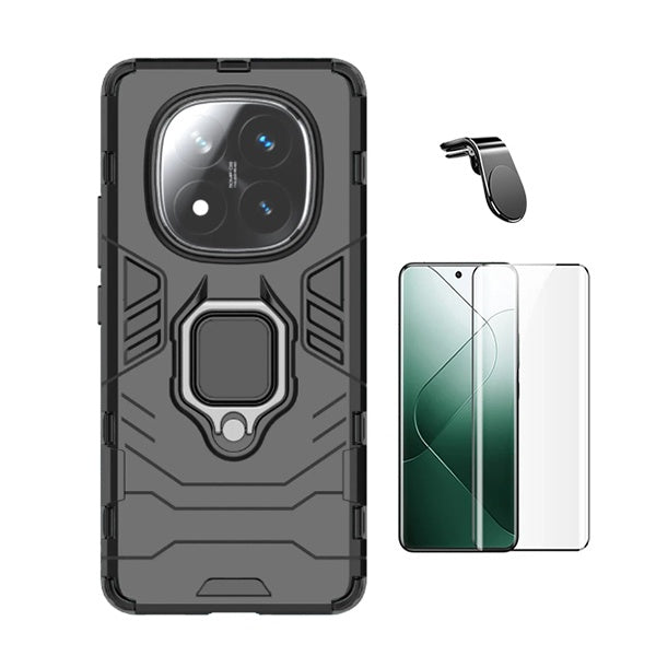 Kit Película de Vidro Temperado Gorilasglass Curvado + Capa de Proteção Militar Magnética + Suporte de Carro Magnético L Gift4Me Para Xiaomi Redmi Note 14 Pro + Plus - Preto