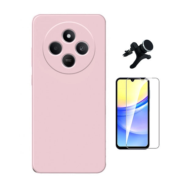 Kit Vidro Temperado Cleargorilasglass + Capa Proteção Silicone +  Suporte Reforçado de Carro Gift4Me Para Xiaomi Redmi 14R - Rosa