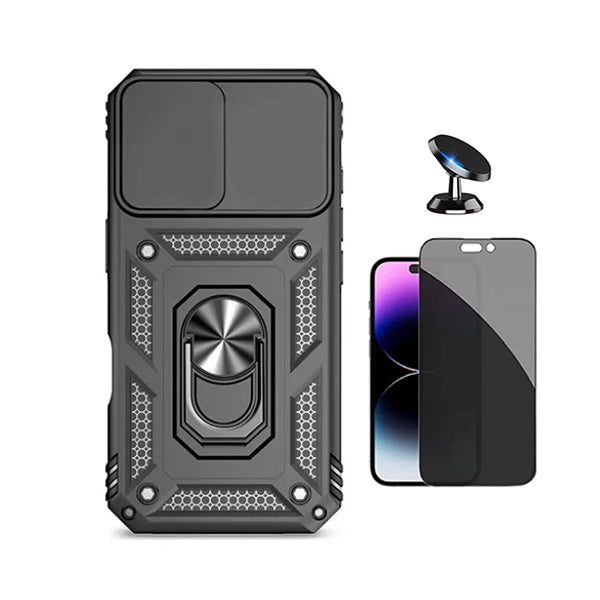 Kit Película de Vidro Temperado Privacidade + Capa de Proteção Militar Magnética Janela + Suporte Magnético GIFT4ME Para Apple iPhone 17 Pro - Preto
