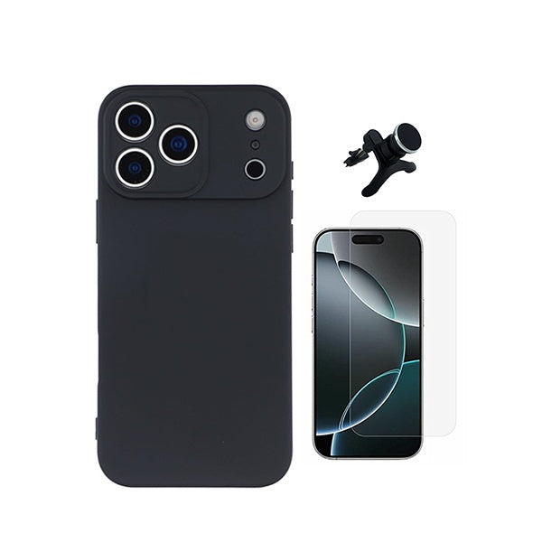 Kit Vidro Temperado Cleargorilasglass + Capa Proteção Silicone +  Suporte Reforçado de Carro GIFT4ME Para Apple iPhone 18 Pro - Preto