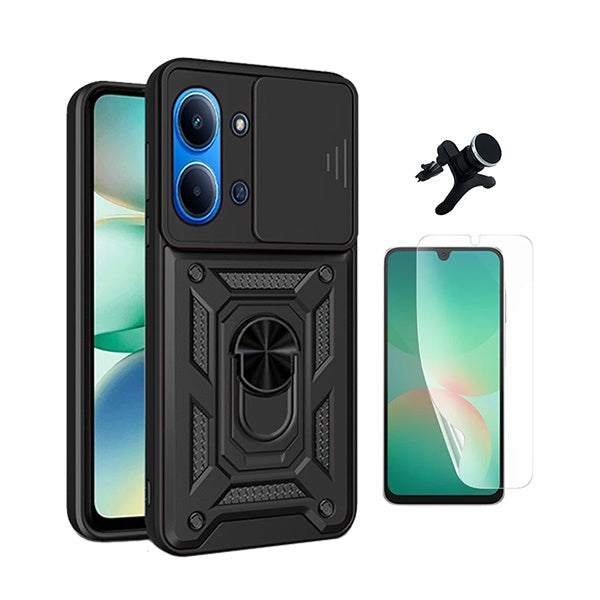 Kit Película Protectora de Hydrogel Frente + Capa de Proteção Militar Magnética Janela + Suporte Magnético Com Pernas  GIFT4ME Para Xiaomi Poco C85 - Preto