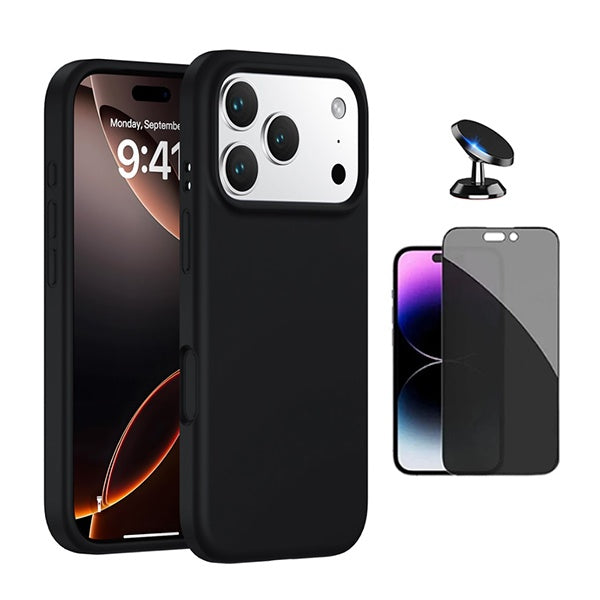 Kit Película de Vidro Temperado Privacidade + Capa Proteção Silicone + Suporte Magnético GIFT4ME Para Apple iPhone 17 Pro - Preto