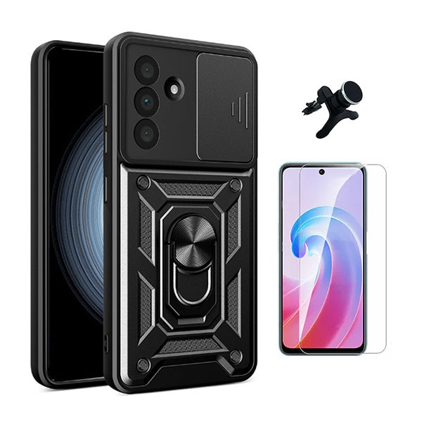 Kit Vidro Temperado Cleargorilasglass + Capa de Proteção Militar Magnética Janela + Suporte Magnético Com Pernas  GIFT4ME Para Samsung Galaxy A56 - Preto