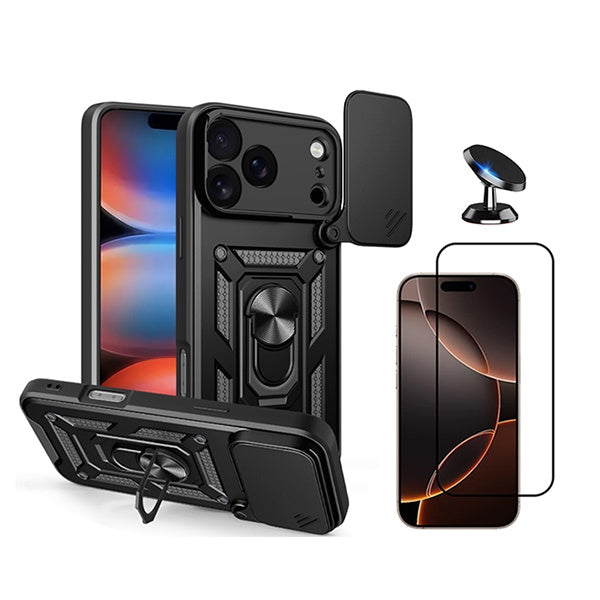 Kit Película de Vidro Temperado Gorilasglass + Capa de Proteção Militar Magnética Janela + Suporte Magnético GIFT4ME Para Apple iPhone 18 Pro - Preto